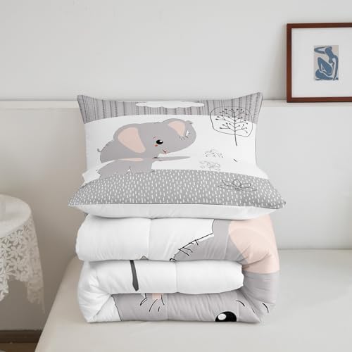 Castle Fairy Cartoon Elephant Bedding Set King Size,Kawaii Cute Wild Animal Comforter Set Room Decor for Home,Grey White Tree Cloud Flower Microfiber Down Comforter,with 2 Pillowcases - Image 6