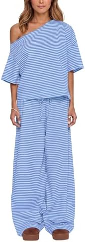 Ythomm Striped Pajama Sets Womens Two Piece Lounge Outfits Short Sleeve Off Shoulder Shirts Drawstring Pants Matching Pj Sets by Ythomm