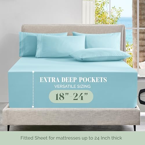 Elegant Comfort Luxury Soft 6-Piece 1500 Premium Hotel Quality Bed Sheet Set with Extra Deep Pockets 18-24 Inch, Wrinkle Free, Storage Pockets, Extra Deep Pocket 6PC Sheets, Queen, Aqua Blue - Image 4