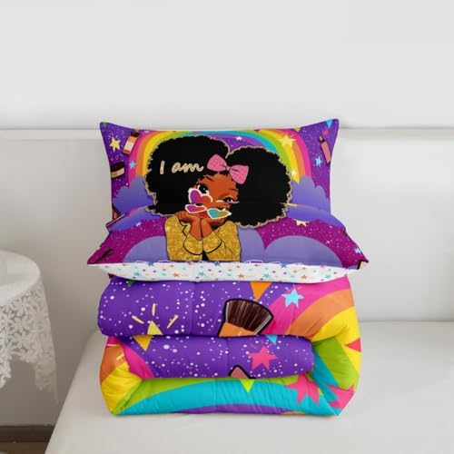 Erosebridal Black Girls King Comforter Set African Princess Bedding Set Dreamy Rainbow Magical Comforter Cute Little Princess Bed Sets for Kids Melanin Bedroom Decor (1 Comforter, 2 Pillowcases) - Image 6