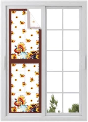 Window Privacy Film Frosted, Thanksgiving Fall Reusable Static Cling Window Tints, Turkey Sunflowers Pumpkin Brown Striped Heat Control Windows Films for Offices, Balcony, 29.5 x 118 Inches by Unknown
