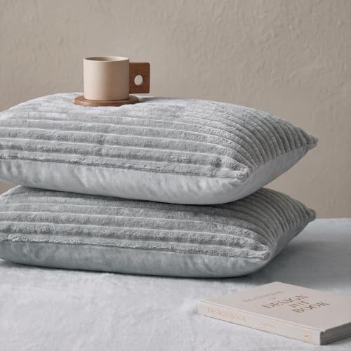 Bedorm Faux Fur Pillowcases Set of 2 King Size Plush Fluffy Pillow Cover Gray, Zipper Closure - Image 3