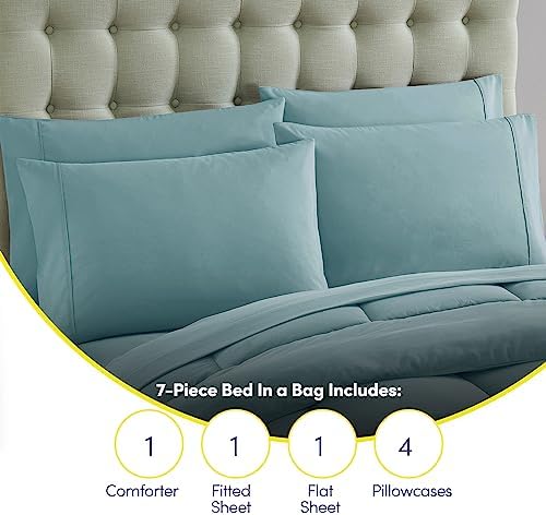 Sweet Home Collection 7 Piece Comforter Set Bag Solid Color All Season Soft Down Alternative Blanket & Luxurious Microfiber Bed Sheets, Misty Blue, Queen - Image 6