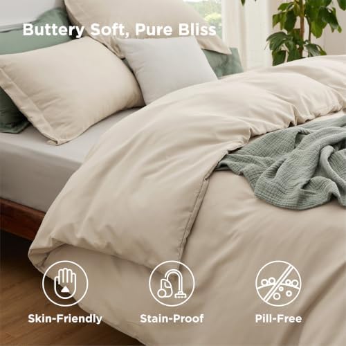 Bedsure King Duvet Cover with Fitted Sheet, Double Brushed Bedding, Beige - Image 3