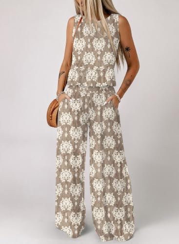 Dokotoo Womens 2 Piece Outfits Tank Tops Elastic Waist Wide Leg Pants Sets - Image 2