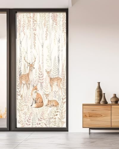Window Privacy Film Frosted, Thanksgiving Non-Adhesive Static Cling Window Tint, Fall Deer Fox Animals Orange Leaves Vines Insulated Windows Frosted Films for Living Room, 35.4 x 78.7 Inches - Image 5