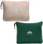 BlueHills Travel Blanket Pillows for Two Airplane Traveling Essentials Flight Throws in Bag case with Backpack Clip Compact Large Plane Accessories – Beige and Dark Green by BlueHills