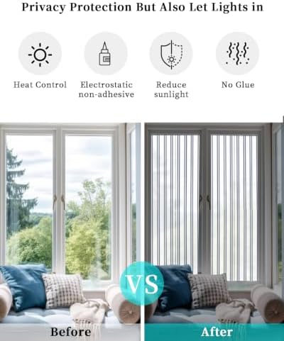 Window Privacy Film Frosted, Navy Blue Striped Reusable Static Cling Window Tints, Modern Vertical Stripes Minimalist Heat Control Windows Films for Offices, Balcony, 29.5 x 118 Inches - Image 6
