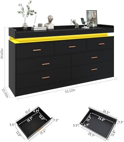 jiteentarou 7 Drawer Dresser with Charging Station and LED Lights, Modern Chest of Drawers with Power Outlet, Organizer Cabinet for Bedroom, Living Room, Entryway, Black - Image 2
