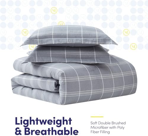 7 Piece Comforter Set Bag Solid Color All Season Soft Down Alternative Blanket & Luxurious Microfiber Bed Sheets, King, Gray Plaid - Image 4