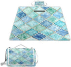 MNSRUU Picnic Blanket Waterproof Foldable, Green and Blue Moroccan Large Outdoor Picnic Beach Camping Blanket Travel Mat, Shoulder Strap Tote, Rectangle 57x59in by MNSRUU