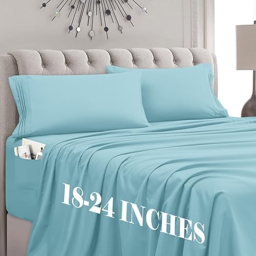 Mocassi Cal King Size 4-Piece Bed Sheet Set - 1800 Premium Hotel Quality Microfiber 18-24 Inches Extra Deep Pocket Fitted Sheet- Luxury Soft, Breathable, Wrinkle, and Fade Resistant, Aqua Blue by MocassiLuxuryBedding
