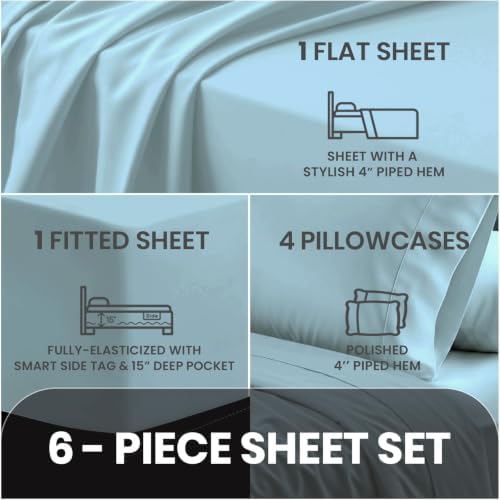 Pizuna 100% Cotton King with 4 Cases Sheet Set 600 Thread Count Baby Blue - Image 4