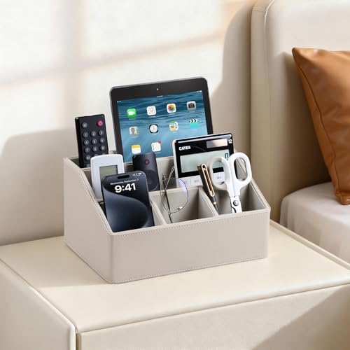 PU Leather Desk Organizer, Remote Control Holder, Dark Beige - Image 3