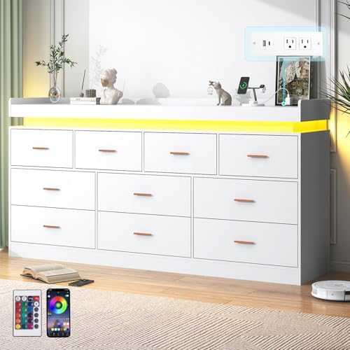 jiteentarou 10 Drawer Dresser with Charging Station and LED Lights, Modern Chest of Drawers with Power Outlet, Organizer Cabinet for, Living Room, Entryway, White by jiteentarou