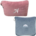BlueHills Mini and Plush Travel Blanket Pillows for Two Airplane Traveling Essentials Flight Throws in Bag case with Backpack Clip Compact Plane Accessories – Pink and Grayish Blue by BlueHills