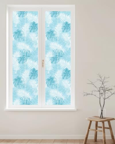 Window Privacy Film Frosted, Cyan Blue Palm Trees Tropical Reusable Static Cling Window Tints, Summer Beach Botanical Heat Control Windows Films for Offices, Balcony, 29.5 x 118 Inches - Image 2