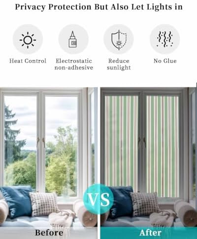Window Privacy Film Frosted, Green Brown Striped Reusable Static Cling Window Tints, Modern Farmhouse Vertical Stripes Heat Control Windows Films for Offices, Balcony, 29.5 x 118 Inches - Image 6
