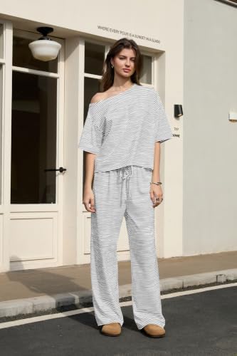 Ythomm Striped Pajama Sets Womens Two Piece Lounge Outfits Short Sleeve Off Shoulder Shirts Drawstring Pants Matching Pj Sets - Image 2