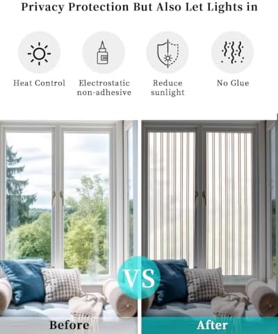 Window Privacy Film Frosted, Oatmeal Striped Vintage Reusable Static Cling Window Tints, Light Brown Farmhouse Rustic Lines Heat Control Windows Films for Offices, Balcony, 29.5 x 118 Inches - Image 6