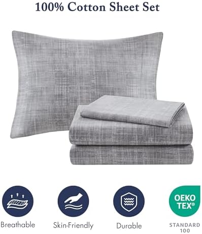Madison Park Essentials Cal King Comforter Set, Bed in a Bag, Watercolor Print Coastal Comforter & Chambray Cotton Sheet Set, All Season Bedding, Saben, Navy Cal King (104 in x 92 in) 9Piece - Image 3