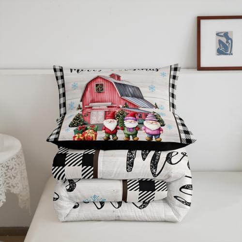 Christmas Gnomes Comforter Set Rustic Farmhouse Red House Xmas Bedding Sets King,Black White Buffalo Check Plaid Comforter For Kids Teen Adults New Year Gifts,Wooden Board Quilt Duvet 2 Pillowcases - Image 7