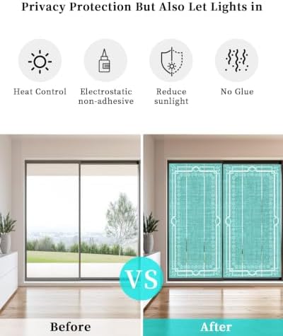 Window Privacy Film Frosted, Turquoise Botanical Static Cling Door Window Covering, Vintage Florals Geometric Minimalist UV Blocking Windows Film for Office, Hotel, Bedroom, 29.5 x 78.7 Inches - Image 6