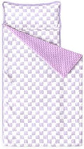 Wake In Cloud - Toddler Nap Mat with Pillow and Minky Fleece Blanket, for Kids Boys Girls Ages 3 Plus in Daycare Preschool, Roll Up Sleeping Bag, Gingham Grid Checkered, Purple White, Standard by WakeInCloud