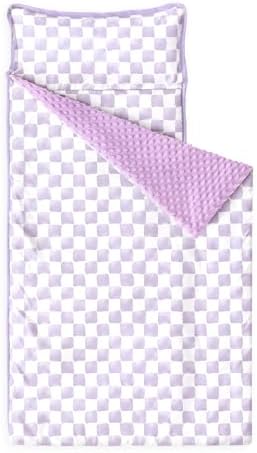 Wake In Cloud - Toddler Nap Mat with Pillow and Minky Fleece Blanket, for Kids Boys Girls Ages 3 Plus in Daycare Preschool, Roll Up Sleeping Bag, Gingham Grid Checkered, Purple White, Standard by WakeInCloud
