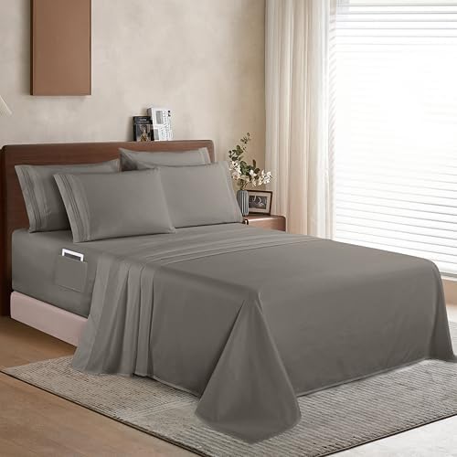 Elegant Comfort 1500 Premium Quality 6-Piece Bed Sheet Set - 18-24 Inch Extra Deep Pocket, Smart Storage Pockets, Wrinkle Free Ultra Soft 6PC Extra Deep Pocket Sheets, King, Gray - Image 3