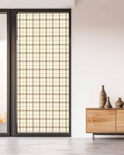 Window Privacy Film Frosted, Beige Brown Plaid Non-Adhesive Static Cling Window Tint, Vintage Farmhouse Checkered Rustic Insulated Windows Frosted Films for Living Room, 35.4 x 78.7 Inches - Image 5