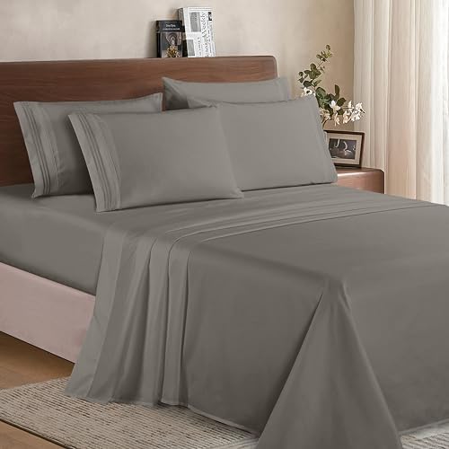Luxurious Soft 1500 Premier Hotel Quality 6-Piece Bed Sheet Set Premium Hotel Quality Wrinkle and Fade Resistant Coziest Bedding Set, All around Elastic Fitted Sheet, Deep Pocket, King, Grey - Image 2