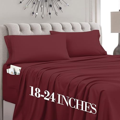 Mocassi King Size 4-Piece Bed Sheet Set - 1800 Premium Hotel Quality Microfiber 18-24 Inches Extra Deep Pocket Fitted Sheet- Luxury Soft, Breathable, Wrinkle, and Fade Resistant, Burgundy by MocassiLuxuryBedding