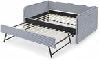 3 in 1 Full Daybed with Pop Up Trundle, Convertible Gingham Upholstered Sofa Bed with Side Storage Pockets, Extendable Guest Bed Frame for Teens Adults Bedroom Living Room, Dark Blue - Image 6