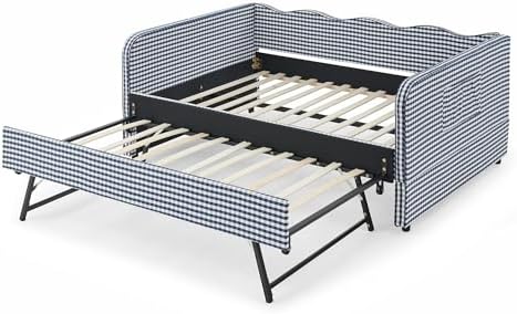 3 in 1 Full Daybed with Pop Up Trundle, Convertible Gingham Upholstered Sofa Bed with Side Storage Pockets, Extendable Guest Bed Frame for Teens Adults Bedroom Living Room, Dark Blue - Image 6