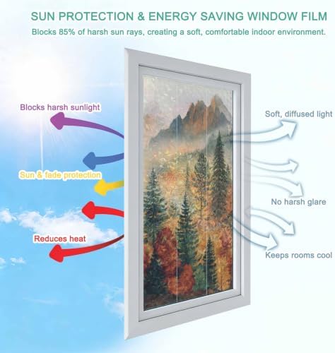 Fall Trees Window Privacy Film Rainbow Static Cling Stain Glass Window Film for Glass Door, Heat Blocking Sunroof Decal Sticker for Car 35.4"x78.7" Vintage Autumn Forest Foggy Natural Scenery - Image 4
