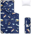 Wake In Cloud - Cot Nap Mat with Pillow and Blanket, 100% Cotton Fabric, for Toddler Kids Boys Ages 3 Plus in Daycare Kindergarten Preschool with Elastic Corner Straps, Cars Cranes Trucks by WakeInCloud