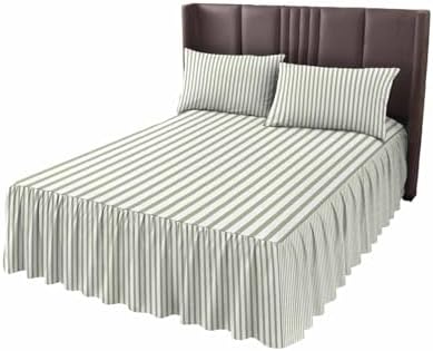 Ruffle Skirt Bedspread for Queen Size Bed Farmhouse Sage Green Stripe 3 Piece Bedding Cover with Pillow Sham,18In Drop Bedskirt Coverlet for Bedroom Dorm Modern Vertical Line - Image 6