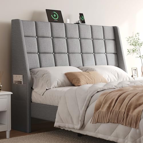 Ergonomic Upholstered Queen Headboard wtih Charging Station, Grey by LEFURTURE