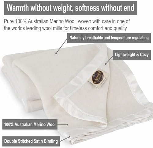 Creswick Woollen Mills 100% Australian Merino Wool Blanket – Soft Warm and Natural with Satin Binding, Breathable Luxury Bedding for All Seasons, (Natural, Throw) - Image 3