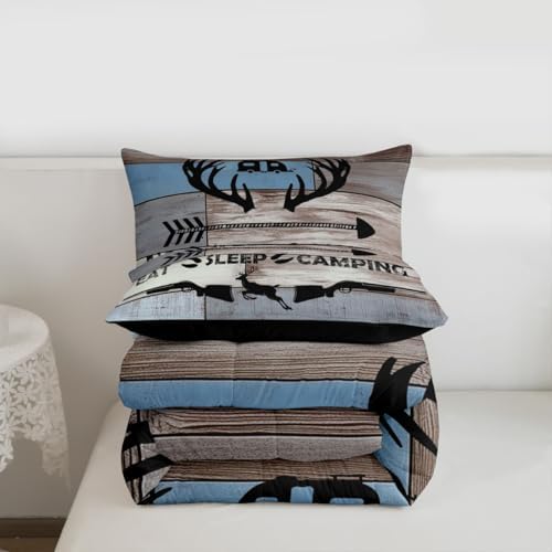 Erosebridal Camping Hunting Bedding Sets Rustic Elk Deer Down Comforter King Farmhouse Camper Theme Bedding Comforter Set for Kids Adults,Eat Sleep Hunt and Camp Quilt Set 2 Pillow Cases Grey Blue - Image 6
