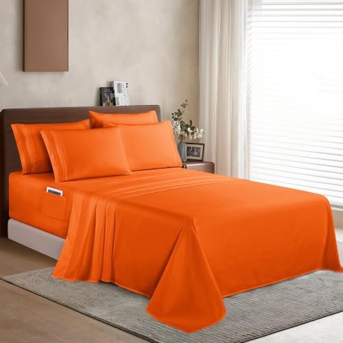Elegant Comfort 1500 Premium Quality 6-Piece Bed Sheet Set - 18-24 Inch Extra Deep Pocket, Smart Storage Pockets, Wrinkle Free Ultra Soft 6PC Extra Deep Pocket Sheets, Full, Orange - Image 3