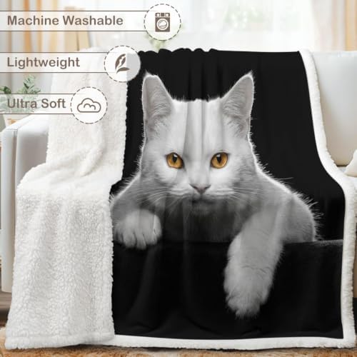 White Cat Sherpa Blanket Animal Print Throw Blanket for Women and Men Soft Warm Cozy 60x80 Inches Cute Minimal Design Bedroom Couch Decor Gift for Birthday Housewarming Anniversary - Image 6