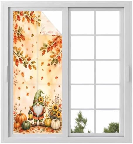 Window Privacy Film Frosted, Thanksgiving Gnomes Static Cling Door Window Covering, Fall Pumpkin Maple Leaves Sunflower UV Blocking Windows Film for Office, Hotel, Bedroom, 29.5 x 78.7 Inches by Unknown