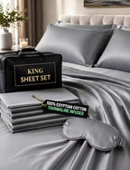 Luxury Tourmaline Infused 100% Egyptian Cotton King Size Sheet Set, 600TC Sateen, Deep Pocket – Fitted & Flat Sheet, 2 Pillowcases + Sleep Mask, Gift Storage Case, Gray by ECOHEAL