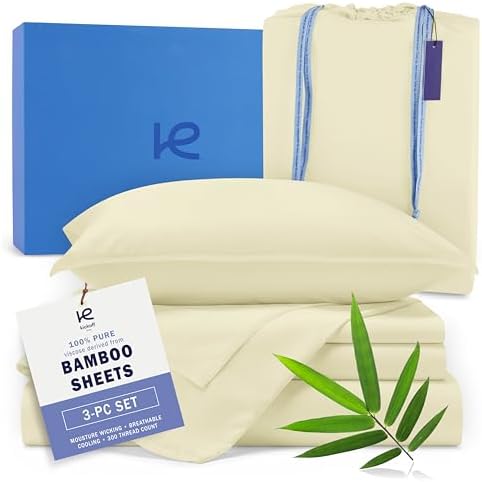 Kickoff Viscose Bamboo Sheets Twin Size 3-pc 100% Organic Bamboo Viscose Bed Cooling Sheets Twin Size Set Cool Bedding for hot Sleepers Sheet Set - Gift Ready Packaging (Cream, T) by KickoffHome