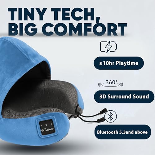 Bluetooth Music Semicircular Neck Pillow with Hood Wireless Bluetooth Speaker Suitable Airplane,Car,Office,and Outdoor Camping for Sleeping, Resting The Best Travel Essentials. (Light Blue) - Image 5