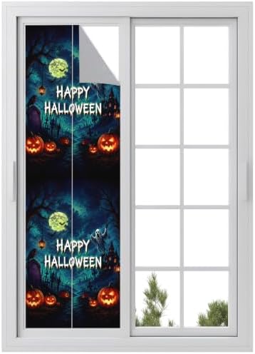 Window Privacy Film Frosted, Halloween Reusable Static Cling Window Tints, Blue Spooky Pumpkin Ghost Moonlight Castle Heat Control Windows Films for Offices, Balcony, 29.5 x 118 Inches by Unknown