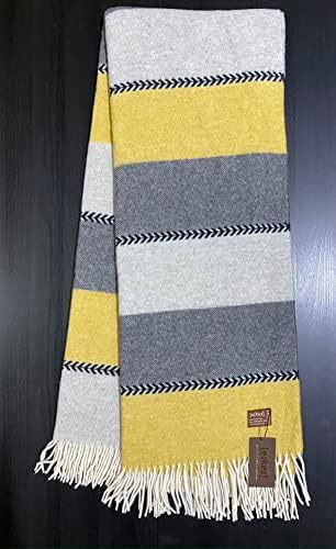 Eikei Merino Wool Throw Blanket Geo Wide Stripe Pattern Fringe Trim Soft Woolen Afghan Style Lightweight Machine Washable Cabana Stripes Scandi Style (Mustard and Grey, 55Wx78L) by EikeiHome