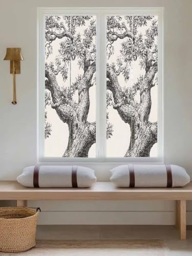 Window Privacy Film Frosted, Vintage Botanical Reusable Static Cling Window Tints, Antique Foliage Tree Rustic Heat Control Windows Films for Offices, Balcony, 29.5 x 118 Inches - Image 5